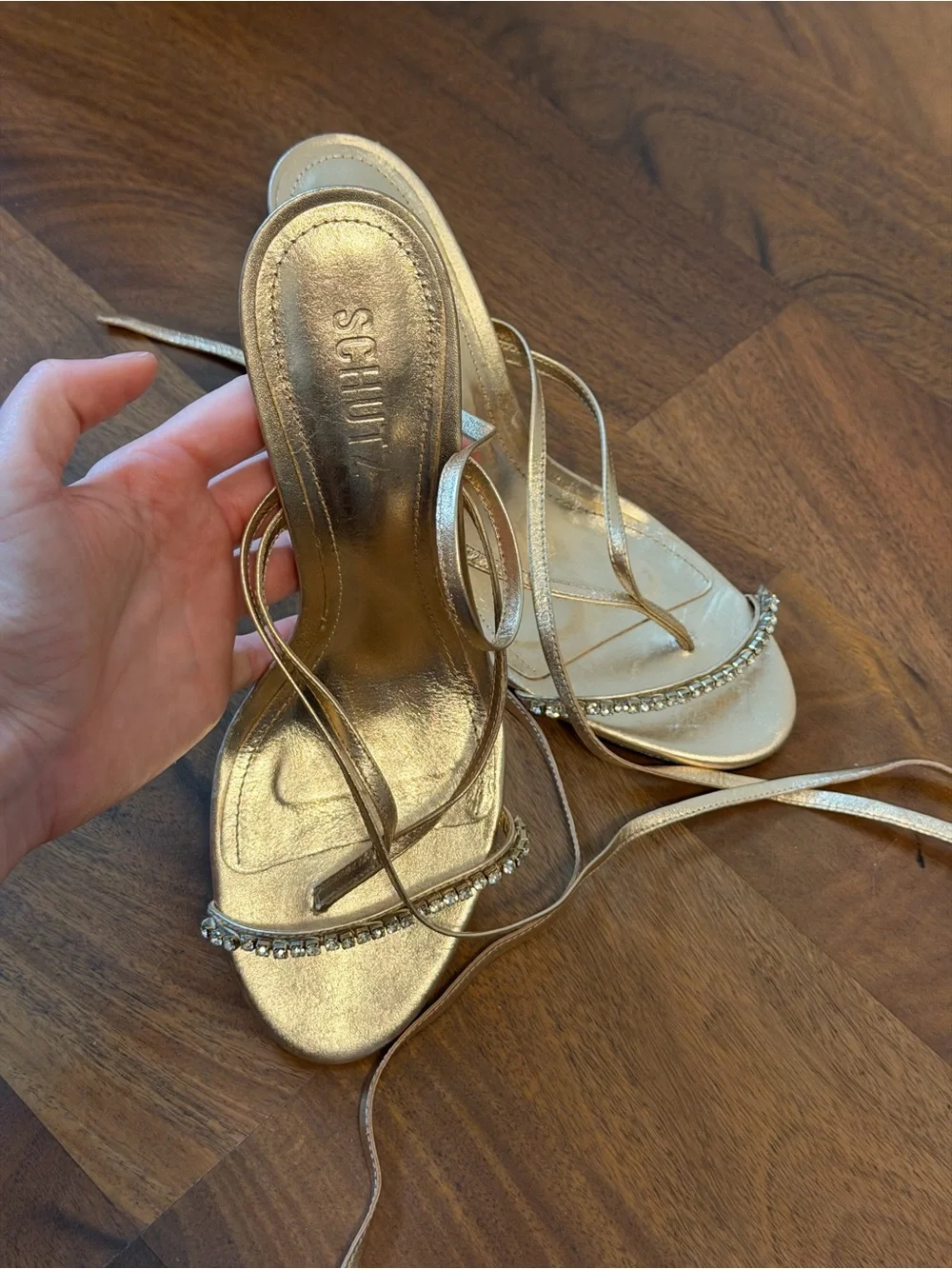 SCHUTZ Metallic Gold Strappy Stiletto Sandals with Ankle Wrap